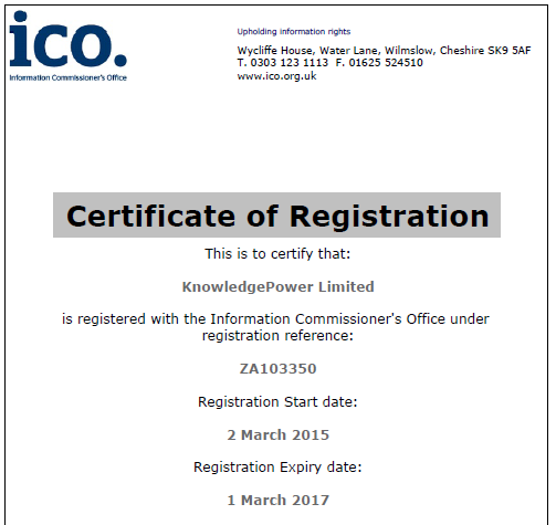 KnowledgePower certificate of registration UK Information Commissioner's Office