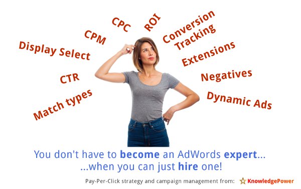 A business owner looks confused, surrounded by Pay Per Click jargon like CTR, ROI, CPC, Dynamic Ads etc, and the headline says You don't have to become an expert in AdWords - when you can just hire one!