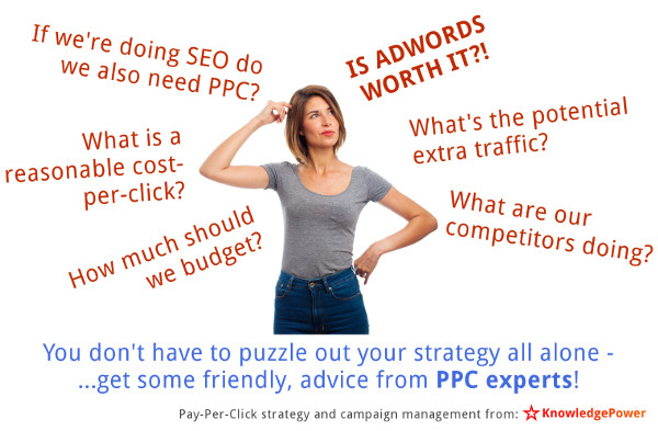 A business manager looks confused as she considers various pay per click strategy questions such as what is a reasonable cost per click, and is AdWords really worth it?