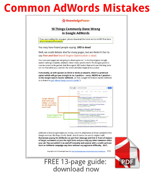 screenshot of the first page of the PDF guide - 10 things commonly done wrong in Google AdWords - free 13 page guide, download now