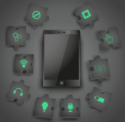 illustration of a mobile phone with symbolic extra digital functions for modular enhancement